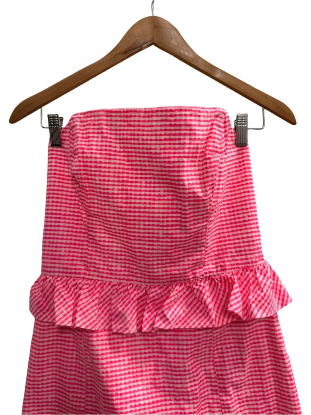 Lilly Pulitzer Lowe Strapless Dress Fiesta Pink Pretty Gingham Strapless Ruffle - Picture 4 of 6